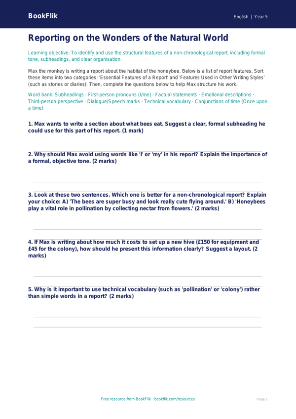 Free Report Writing Activity Sheet | Year 5 Core | BookFlik worksheet preview — English Report Writing