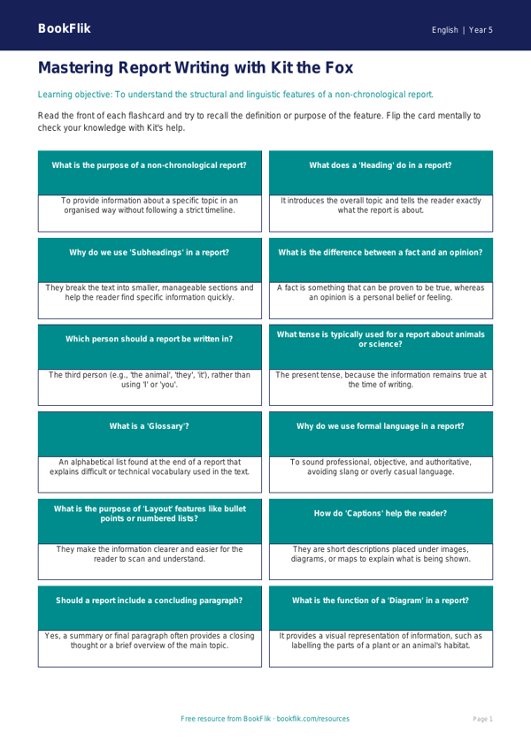 Free Report Writing Flashcards | Year 5 Core | BookFlik worksheet preview — English Report Writing