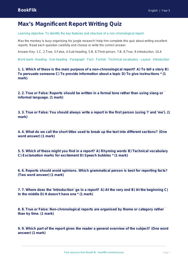 Free Report Writing Quiz | Year 5 Core | BookFlik worksheet preview — English Report Writing