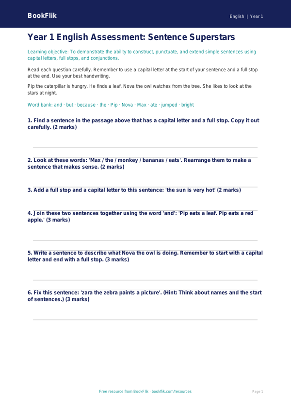 Free Sentence Structure Assessment | Year 1 Core | BookFlik worksheet preview — English Sentence Structure