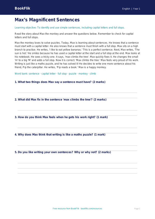 Free Sentence Structure Comprehension | Year 1 Core | BookFlik worksheet preview — English Sentence Structure