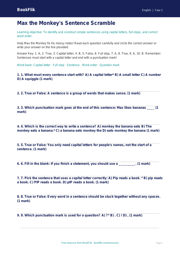 Free Sentence Structure Quiz | Year 1 Core | BookFlik worksheet preview — English Sentence Structure