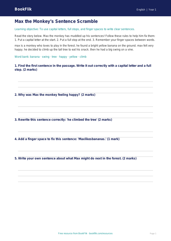 Free Sentence Structure Track Sheet | Year 1 Core | BookFlik worksheet preview — English Sentence Structure