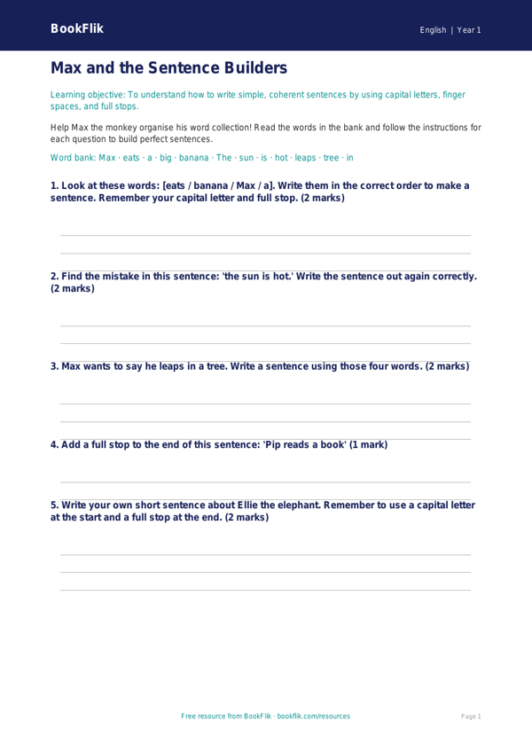 Free Sentence Structure Worksheet | Year 1 Core | BookFlik worksheet preview — English Sentence Structure
