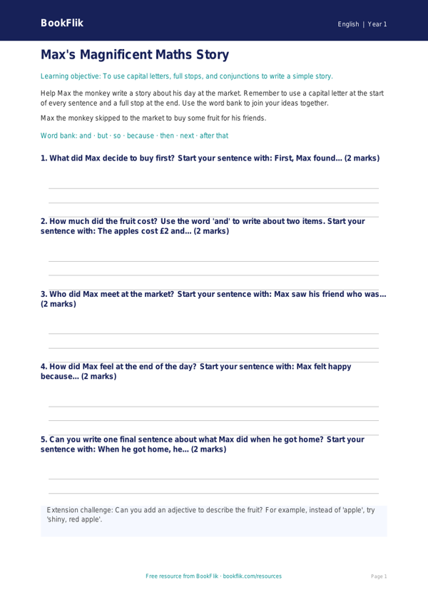 Free Sentence Structure Writing Frame | Year 1 Core | BookFlik worksheet preview — English Sentence Structure