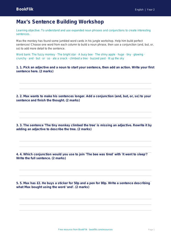 Free Sentence Structure Activity Sheet | Year 2 Core | BookFlik worksheet preview — English Sentence Structure