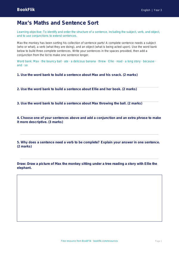 Free Sentence Structure Activity Sheet | Year 3 Core | BookFlik worksheet preview — English Sentence Structure