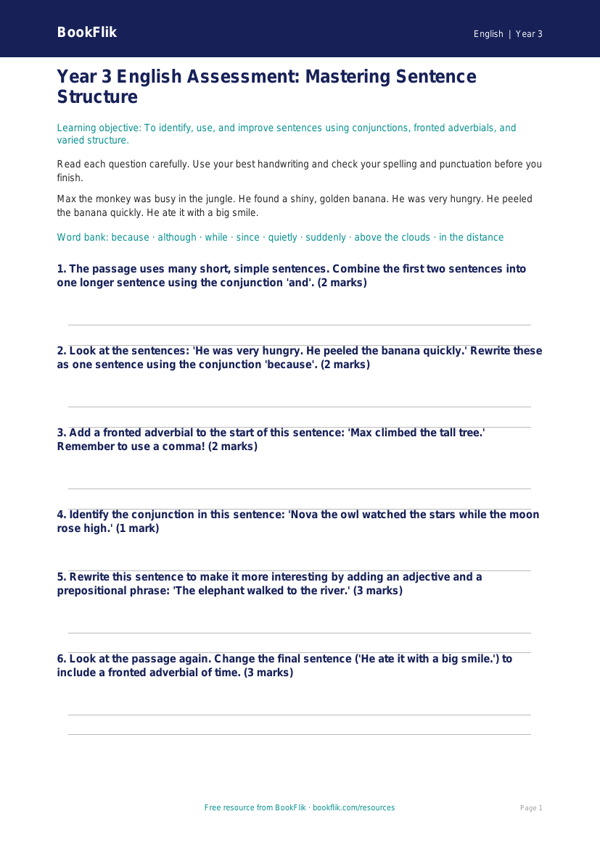 Free Sentence Structure Assessment | Year 3 Core | BookFlik worksheet preview — English Sentence Structure