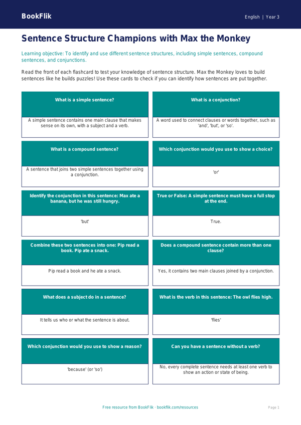Free Sentence Structure Flashcards | Year 3 Core | BookFlik worksheet preview — English Sentence Structure