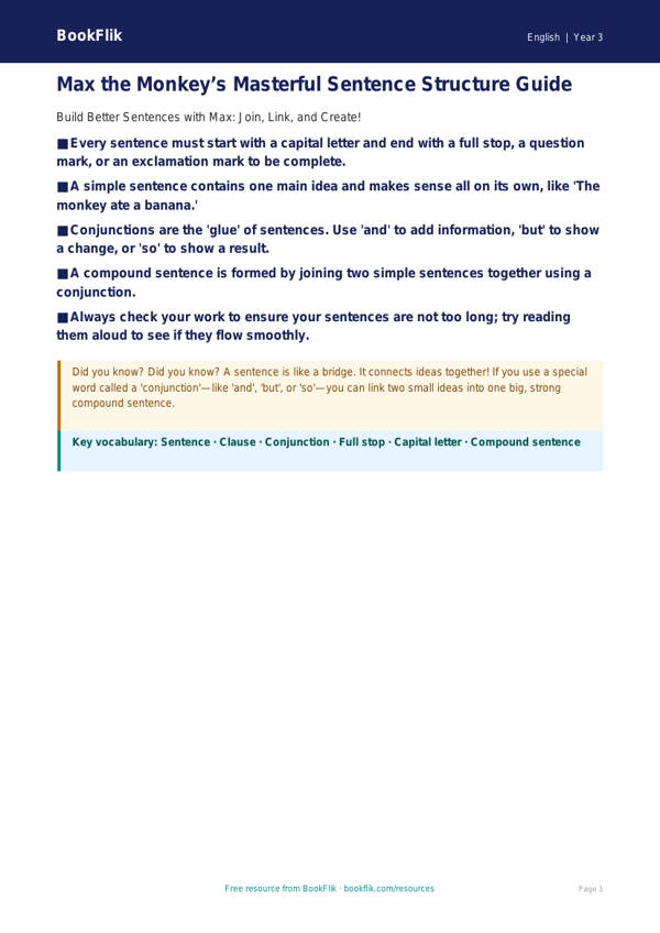 Free Sentence Structure Poster | Year 3 Core | BookFlik worksheet preview — English Sentence Structure
