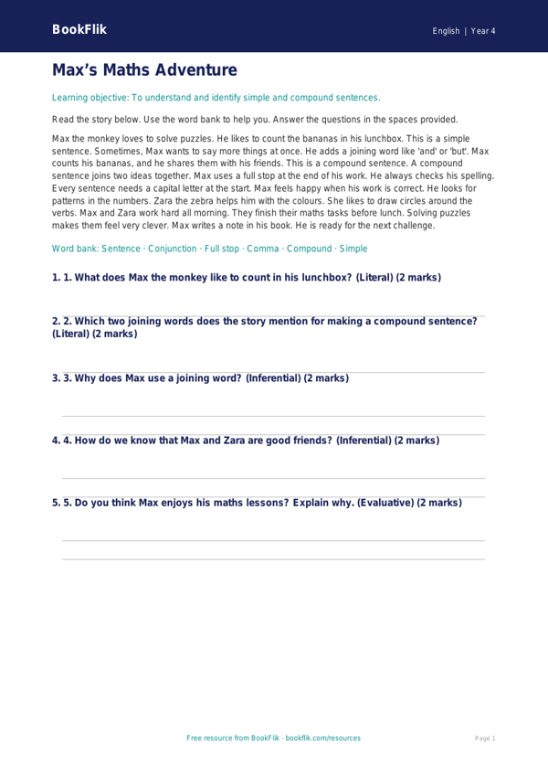 Free Sentence Structure Comprehension | Year 4 Supported | BookFlik worksheet preview — English Sentence Structure