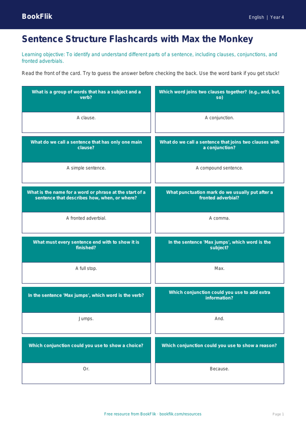 Free Sentence Structure Flashcards | Year 4 Supported | BookFlik worksheet preview — English Sentence Structure