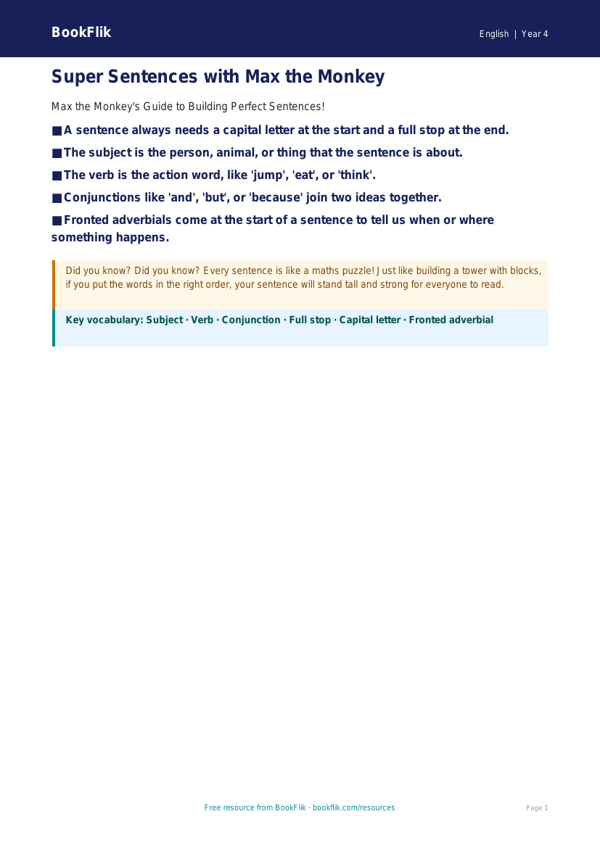 Free Sentence Structure Poster | Year 4 Supported | BookFlik worksheet preview — English Sentence Structure