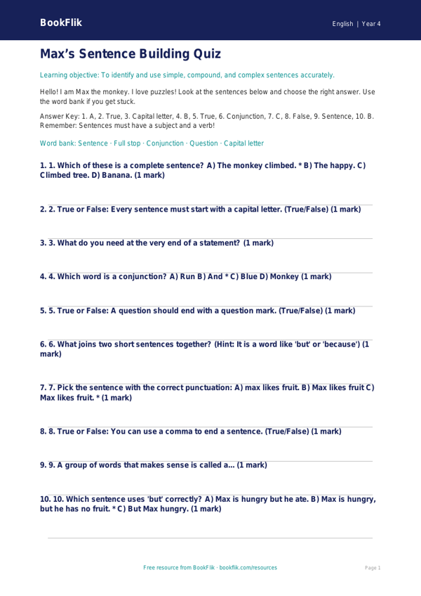 Free Sentence Structure Quiz | Year 4 Supported | BookFlik worksheet preview — English Sentence Structure