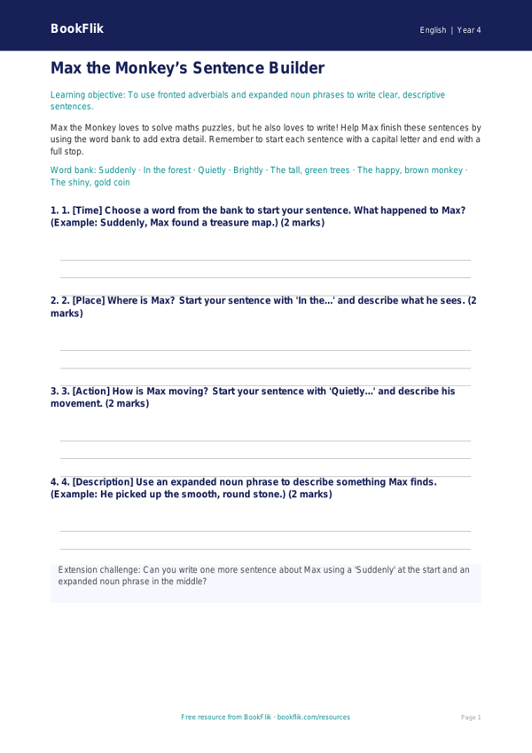 Free Sentence Structure Template | Year 4 Supported | BookFlik worksheet preview — English Sentence Structure