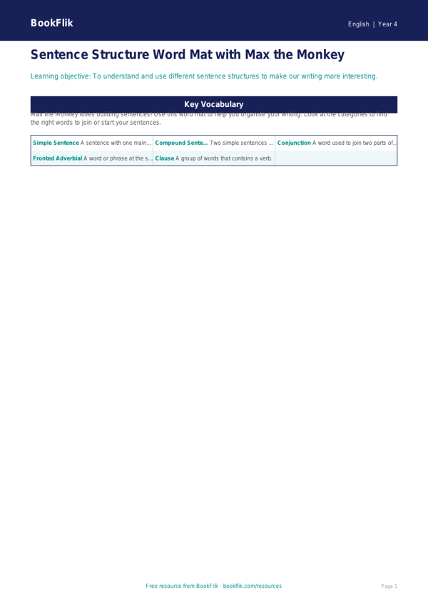 Free Sentence Structure Word Mat | Year 4 Supported | BookFlik worksheet preview — English Sentence Structure