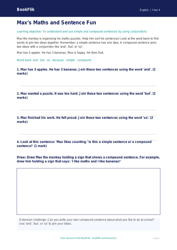 Free Sentence Structure Worksheet | Year 4 Supported | BookFlik worksheet preview — English Sentence Structure