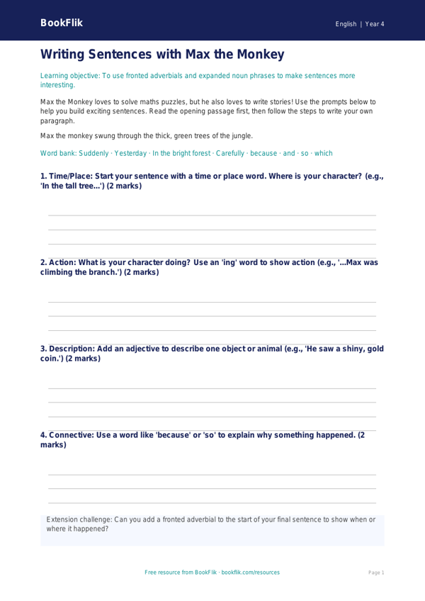 Free Sentence Structure Writing Frame | Year 4 Supported | BookFlik worksheet preview — English Sentence Structure