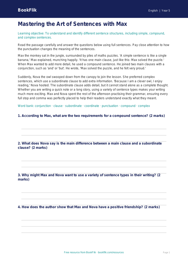 Free Sentence Structure Comprehension | Year 5 Core | BookFlik worksheet preview — English Sentence Structure