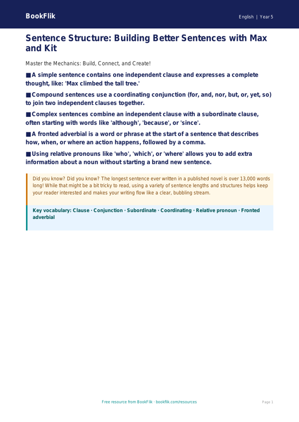 Free Sentence Structure Poster | Year 5 Core | BookFlik worksheet preview — English Sentence Structure