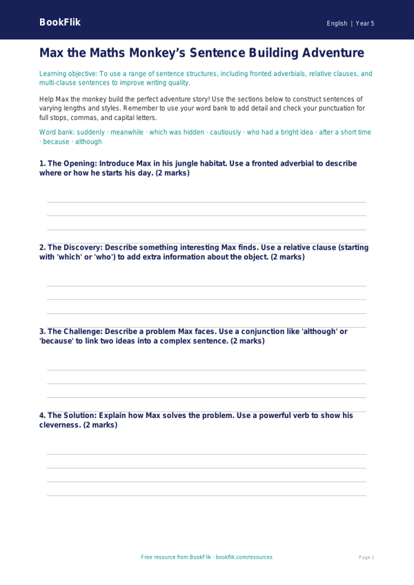 Free Sentence Structure Template | Year 5 Core | BookFlik worksheet preview — English Sentence Structure