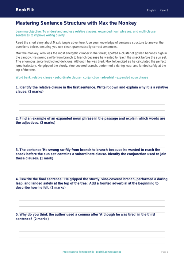 Free Sentence Structure Track Sheet | Year 5 Core | BookFlik worksheet preview — English Sentence Structure
