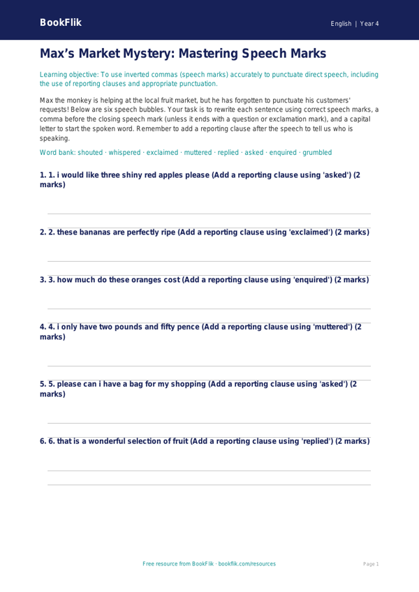 Free Speech Marks Activity Sheet | Year 4 Greater Depth | BookFlik worksheet preview — English Speech Marks