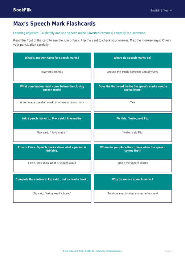 Free Speech Marks Flashcards | Year 4 Supported | BookFlik worksheet preview — English Speech Marks