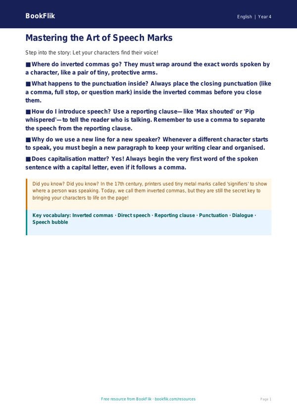 Free Speech Marks Poster | Year 4 Greater Depth | BookFlik worksheet preview — English Speech Marks
