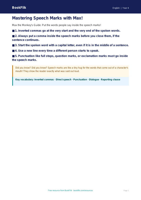 Free Speech Marks Poster | Year 4 Supported | BookFlik worksheet preview — English Speech Marks