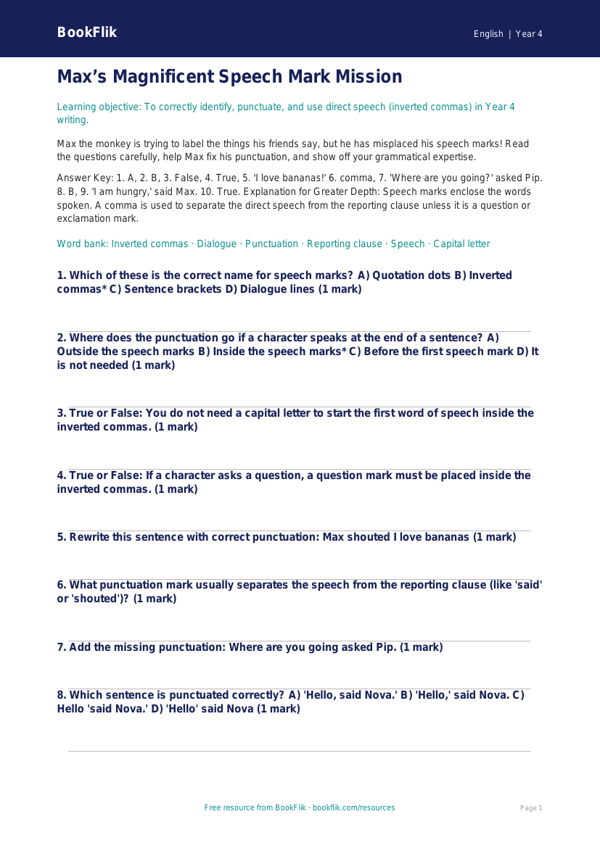 Free Speech Marks Quiz | Year 4 Greater Depth | BookFlik worksheet preview — English Speech Marks