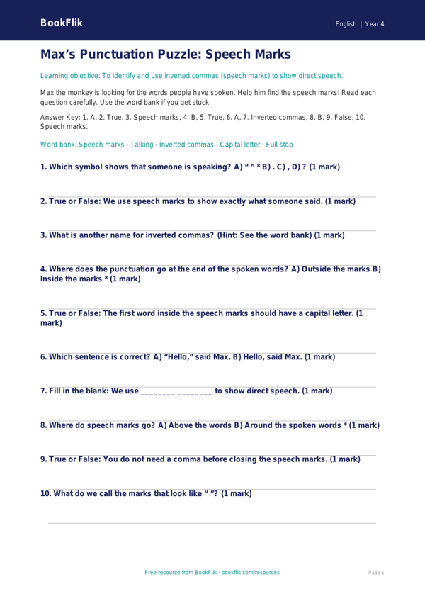 Free Speech Marks Quiz | Year 4 Supported | BookFlik worksheet preview — English Speech Marks
