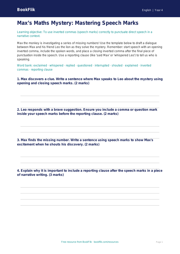 Free Speech Marks Template | Year 4 Greater Depth | BookFlik worksheet preview — English Speech Marks