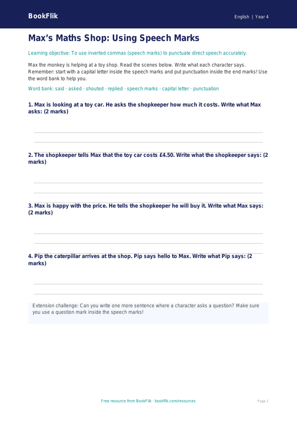 Free Speech Marks Template | Year 4 Supported | BookFlik worksheet preview — English Speech Marks