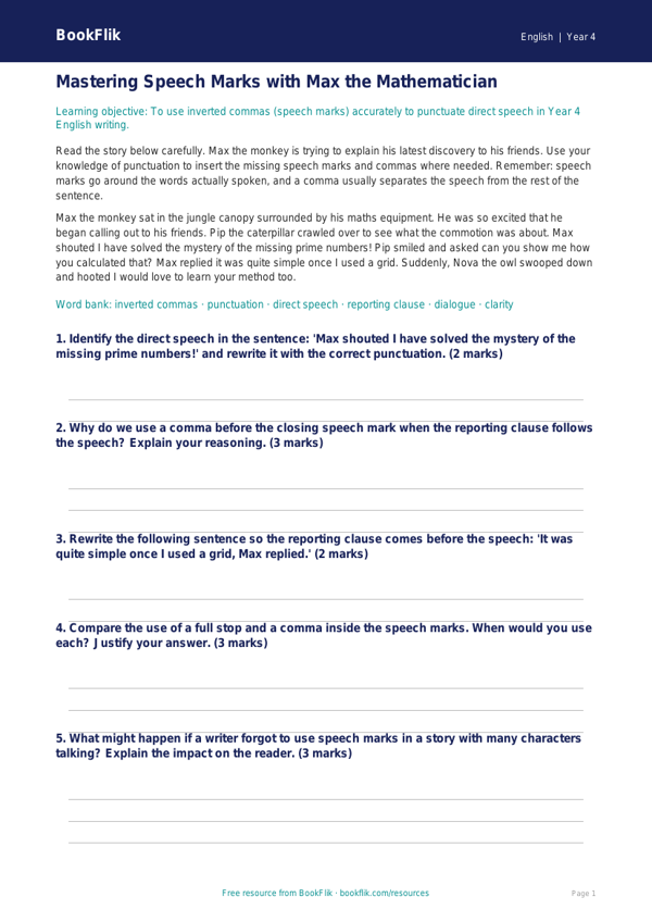 Free Speech Marks Track Sheet | Year 4 Greater Depth | BookFlik worksheet preview — English Speech Marks