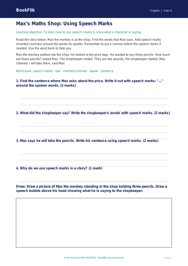 Free Speech Marks Track Sheet | Year 4 Supported | BookFlik worksheet preview — English Speech Marks