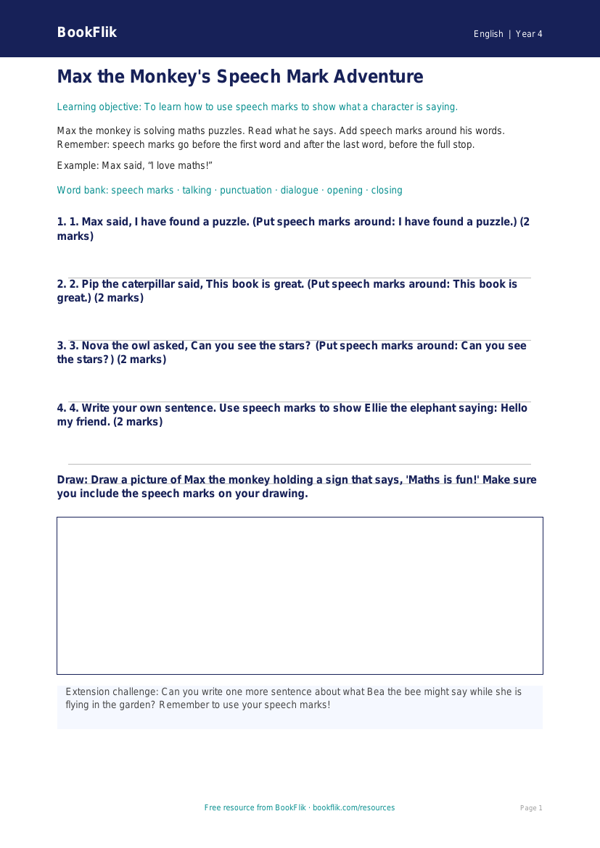 Free Speech Marks Worksheet | Year 4 Supported | BookFlik worksheet preview — English Speech Marks