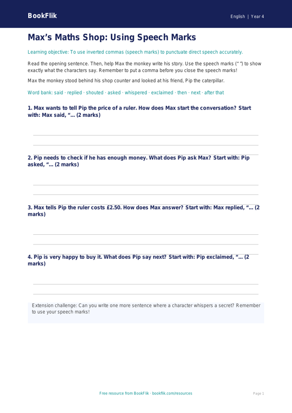 Free Speech Marks Writing Frame | Year 4 Supported | BookFlik worksheet preview — English Speech Marks