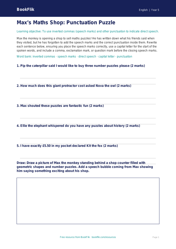 Free Speech Marks Activity Sheet | Year 5 Core | BookFlik worksheet preview — English Speech Marks