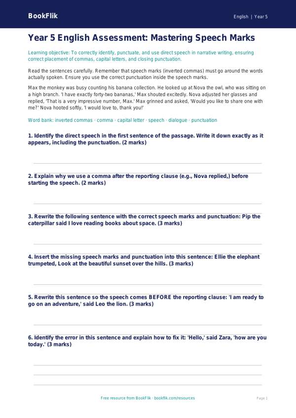 Free Speech Marks Assessment | Year 5 Core | BookFlik worksheet preview — English Speech Marks