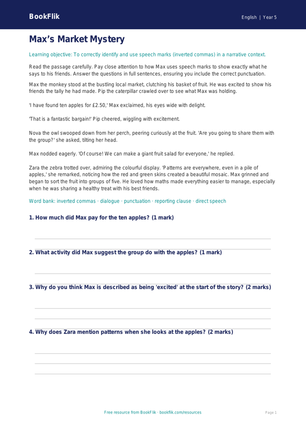 Free Speech Marks Comprehension | Year 5 Core | BookFlik worksheet preview — English Speech Marks
