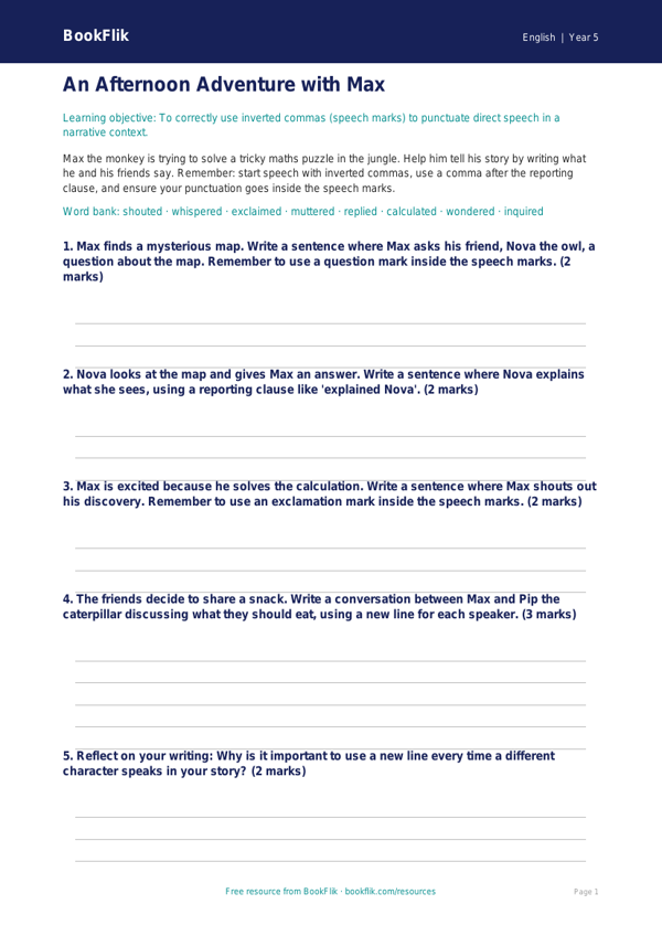Free Speech Marks Template | Year 5 Core | BookFlik worksheet preview — English Speech Marks