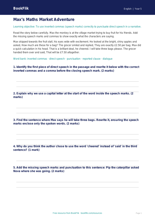 Free Speech Marks Track Sheet | Year 5 Core | BookFlik worksheet preview — English Speech Marks
