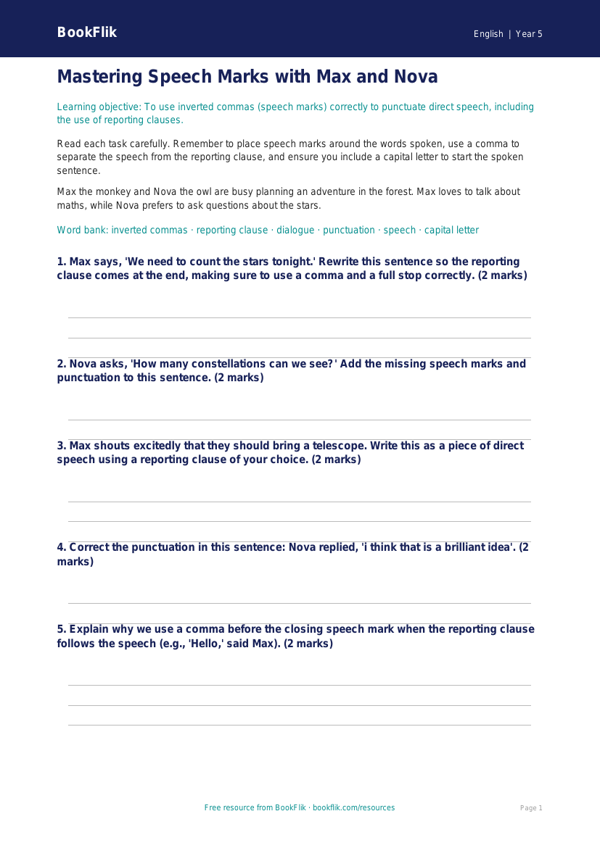 Free Speech Marks Worksheet | Year 5 Core | BookFlik worksheet preview — English Speech Marks