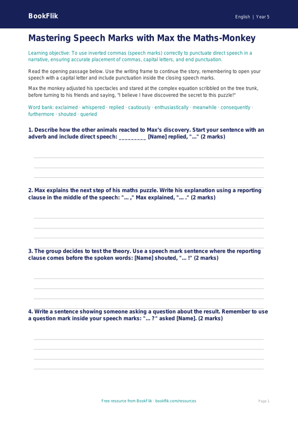 Free Speech Marks Writing Frame | Year 5 Core | BookFlik worksheet preview — English Speech Marks