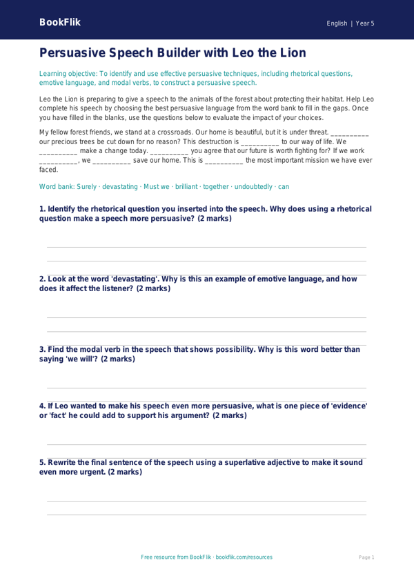 Free Speech Writing Activity Sheet | Year 5 Core | BookFlik worksheet preview — English Speech Writing