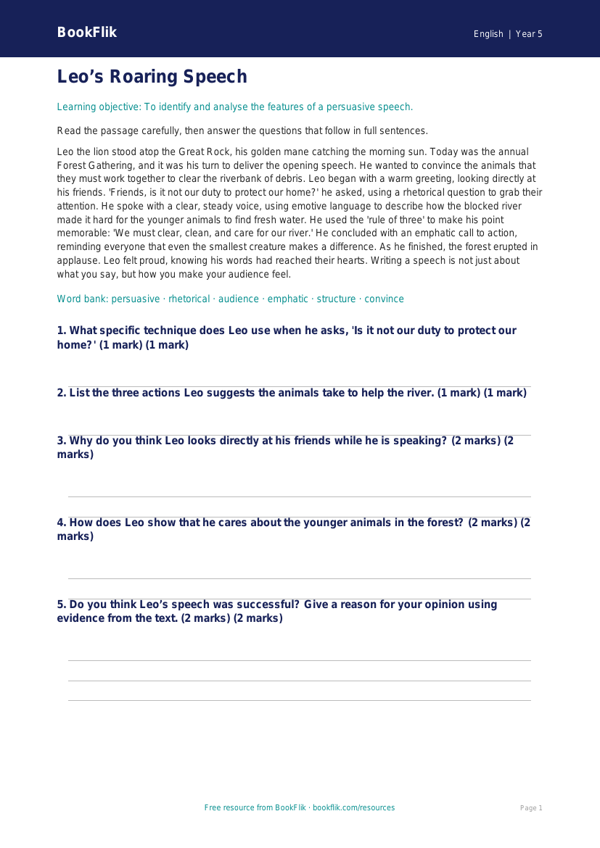 Free Speech Writing Comprehension | Year 5 Core | BookFlik worksheet preview — English Speech Writing