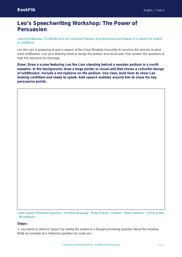Free Speech Writing Drawing Sheet | Year 5 Core | BookFlik worksheet preview — English Speech Writing