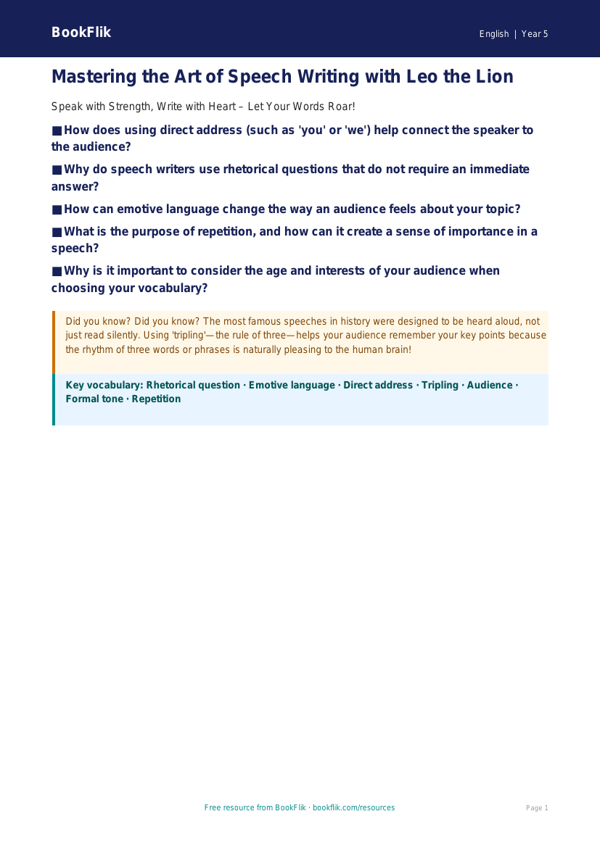 Free Speech Writing Poster | Year 5 Core | BookFlik worksheet preview — English Speech Writing