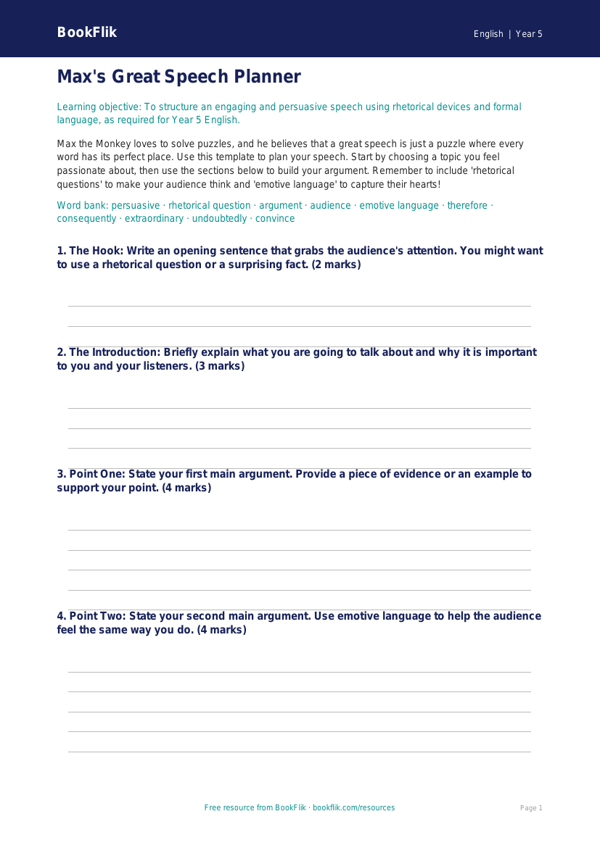 Free Speech Writing Template | Year 5 Core | BookFlik worksheet preview — English Speech Writing